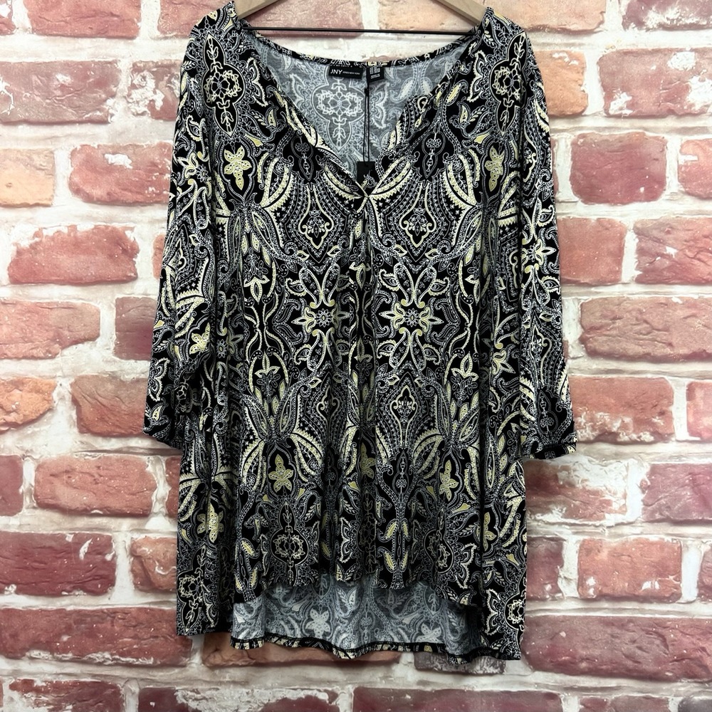 Jones New York Tunic Top Womens 3X Black Multicolor Boho Floral Abstract Shirt